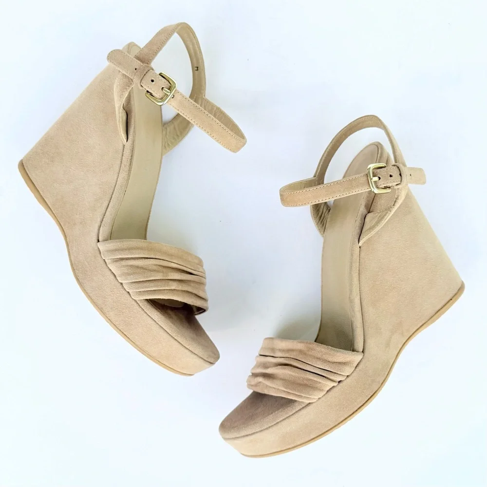 Stuart Weitzman Sundraped Tan / Beige Suede Wedge Ankle Strap Sandals 8.5
